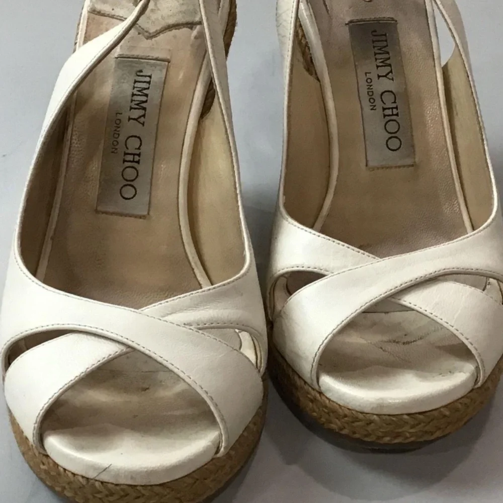 Women’s Jimmy Choo Cream Leather Peep Toe Sling Back Wedge Size 36